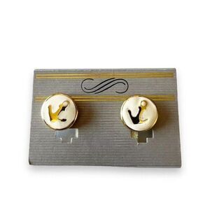 Vintage White/Gold Anchor Enamel Post‎ Earrings Round Coatume Jewelry Nautical